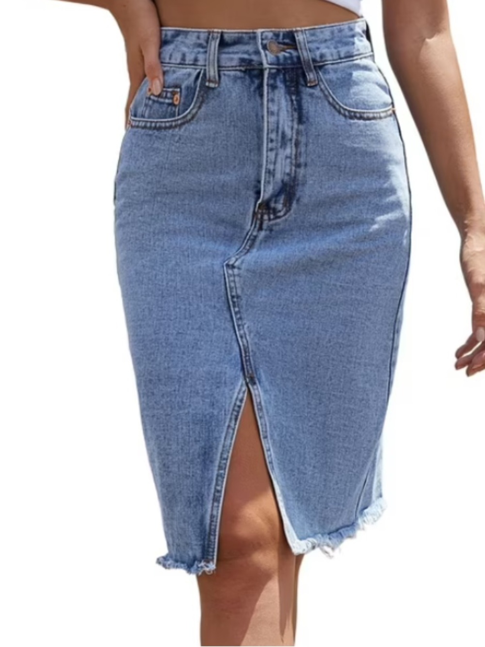 SHEIN Light Blue High-Rise Denim Pencil Skirt with Front Slit
